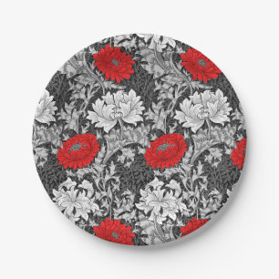 Assiettes En Carton William Morris Chrysanthèmes, gris et rouge