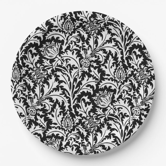 Assiettes En Carton William Morris Thistle Damask, noir et blanc   (Devant)