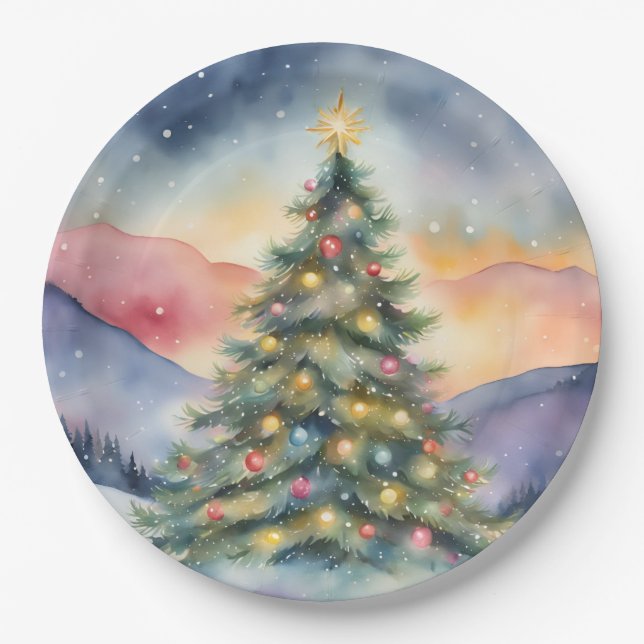Assiettes En Carton Winter Christmas Tree Snowy Sunset Scenery (Devant)