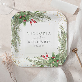 Assiettes En Carton Winter Holiday Botanical Greenery Glitter Wedding