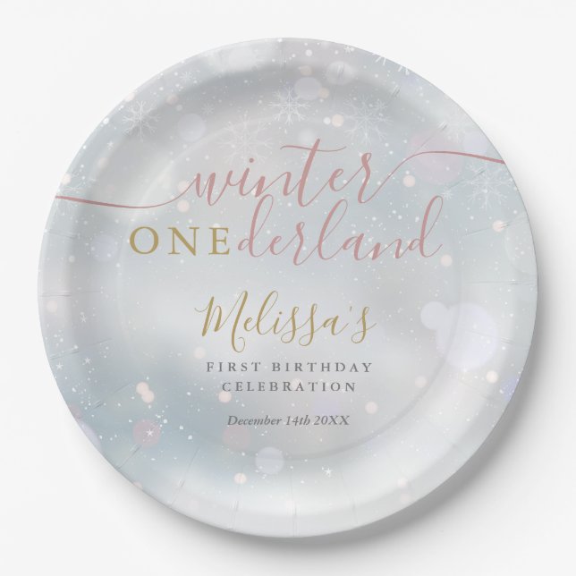Assiettes En Carton Winter Onederland 1st Birthday Pink And Gold (Devant)