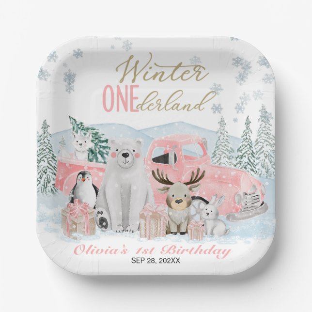Assiettes En Carton Winter Onederland Arctic Animal Girl 1st Birthday (Recto)