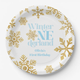 Assiettes En Carton Winter Onederland Blue Gold Snowflake 1er annivers