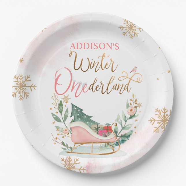 Assiettes En Carton Winter Onederland Party Fille Neige rose Anniversa (Devant)