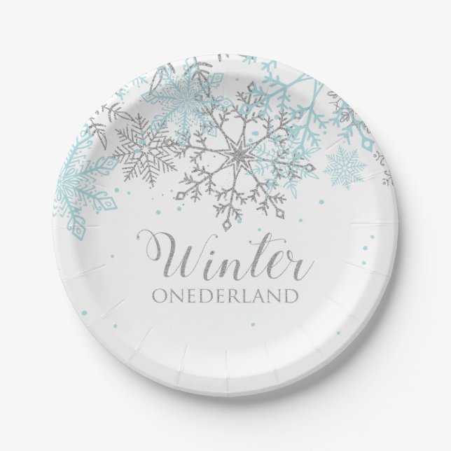 Assiettes En Carton Winter Onederland premier anniversaire bleu et arg (Devant)