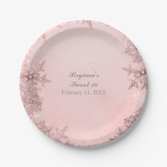 Assiettes En Carton Winter Wonderland Snowflakes Pink Elegance Party (Devant)