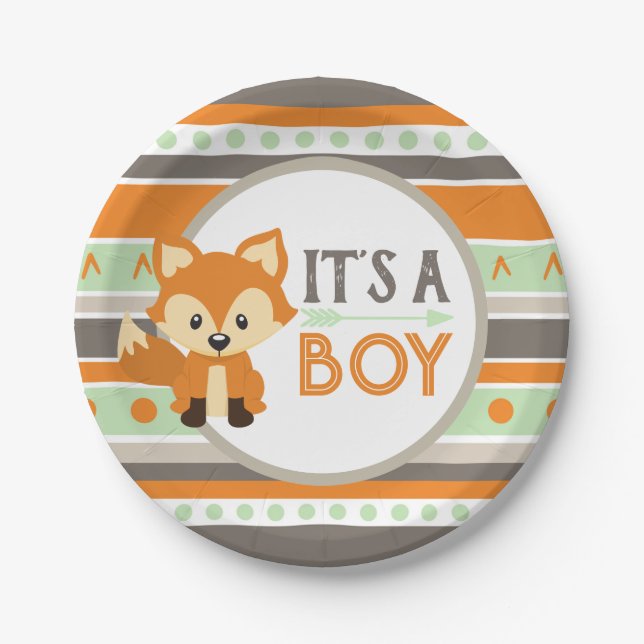 Assiettes En Carton Woodland Fox C'est un garçon Baby shower Plaques e (Devant)