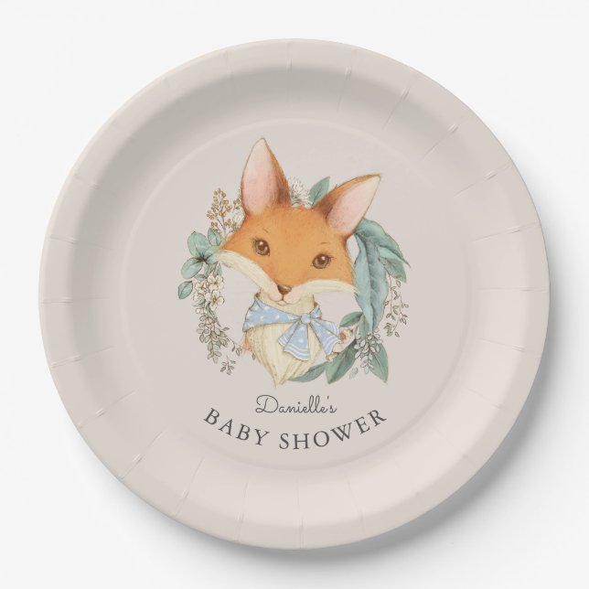 Assiettes En Carton Woodland Fox Portrait Baby shower pour garçon (Devant)