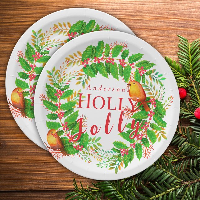 Assiettes En Carton Wreath Holly Jolly White (Lovely Wreath Holly Jolly Design.)
