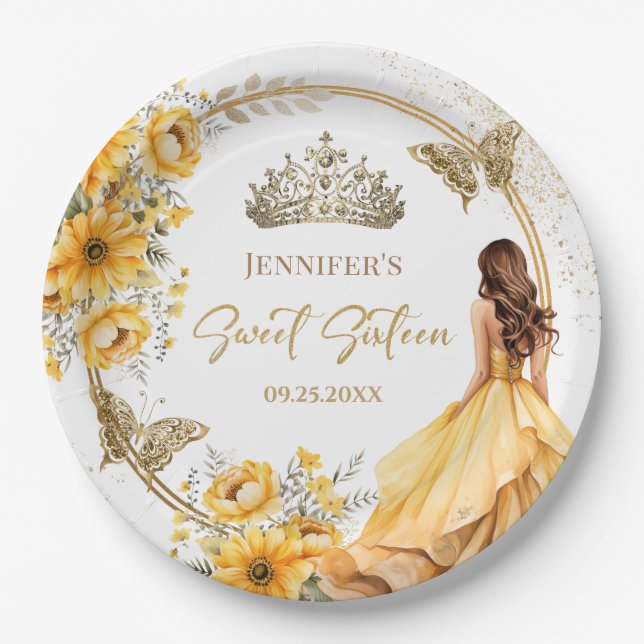 Assiettes En Carton Yellow Gold Girl Princess Tiara Floral Sweet 16 (Devant)