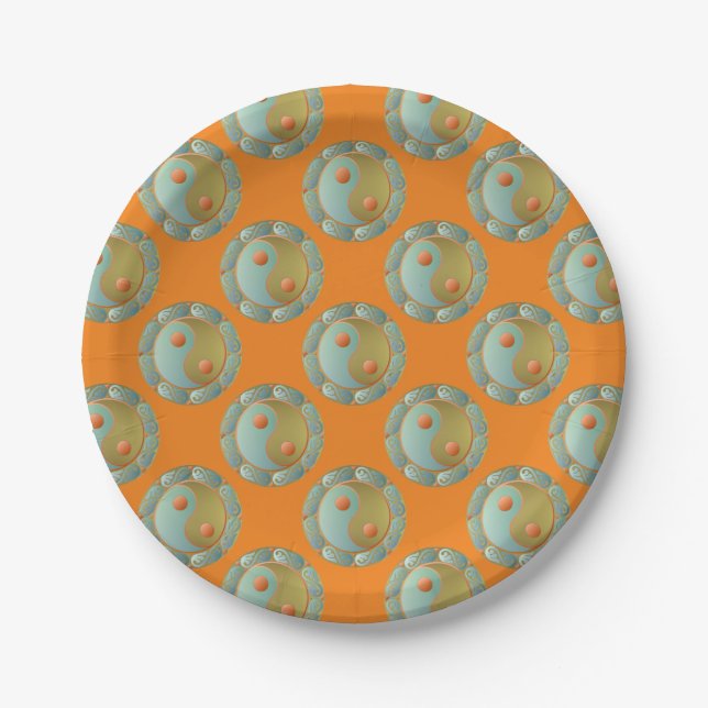 Assiettes En Carton Yin Yang médaillon d'or Turquoise (Devant)