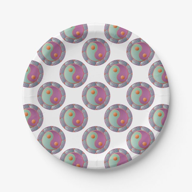 Assiettes En Carton Yin Yang Médaillon Violet Turquoise (Devant)