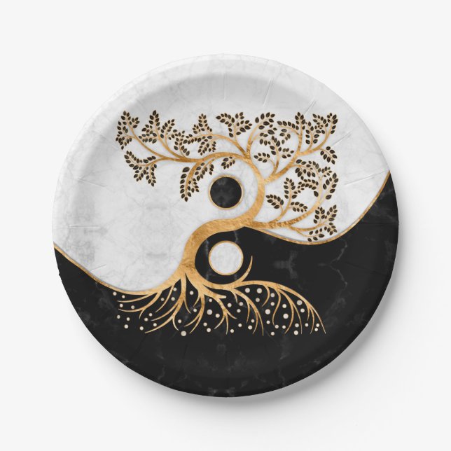 Assiettes En Carton Yin Yang Tree - Marbres et or (Devant)