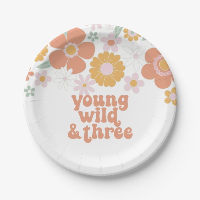 Assiettes En Carton Young Wild Three anniversaire Floral rétro (Devant)