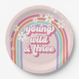 Assiettes En Carton Young Wild Three Rainbow Pink 3e anniversaire