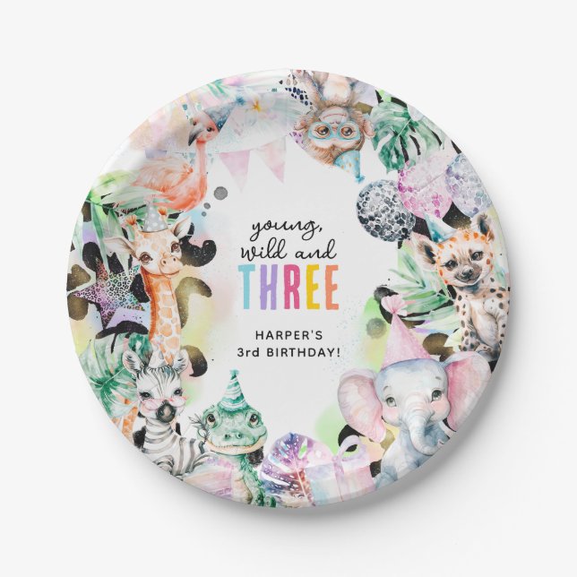 Assiettes En Carton Young Wild & TROIS Safari Animaux 3e anniversaire (Devant)