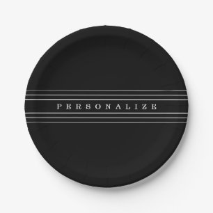 Assiettes En Carton Your Custom Text & Modern Stripes   Black & White