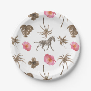 Assiettes En Carton Zèbre Brown rose Tropical Floral Palmiers