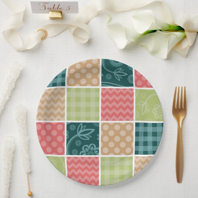 Assiettes En Carton Zigzag, Chevron, En vichy, Pois, Patchwork (Mariage)