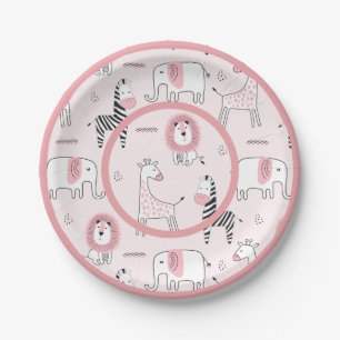 Assiettes En Carton Zoo rose mignon Animaux Zebra Baby shower