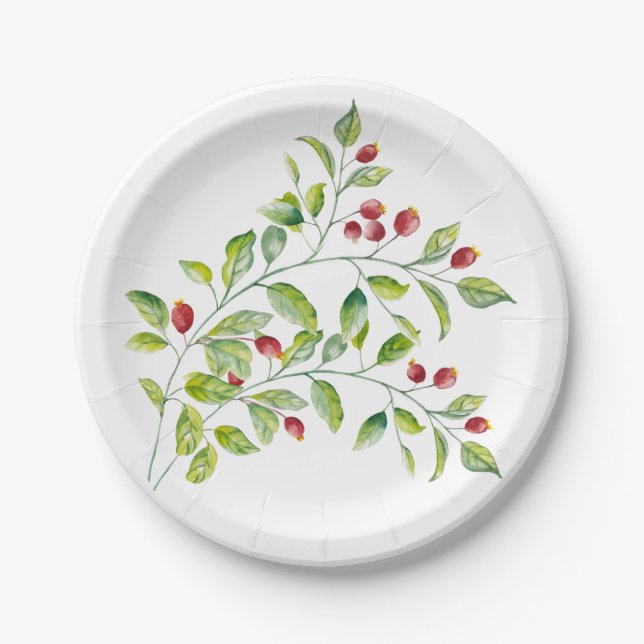 Assiettes en papier à baies roses et feuillage ver (Devant)