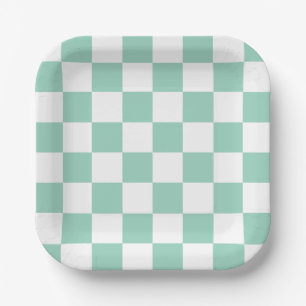 Assiettes en papier à carreaux blanc et sarcelle