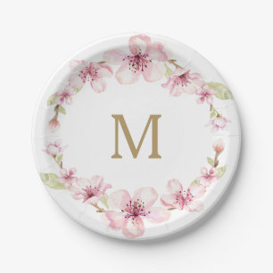 Assiettes en papier à monogramme fleur de cerisier