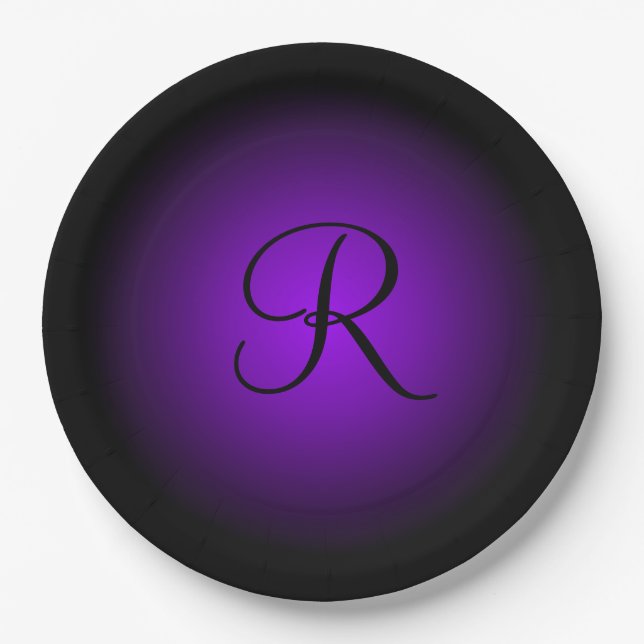 Assiettes en papier à monogramme noir violet perso (Devant)