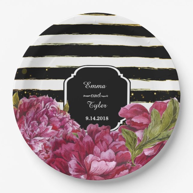 Assiettes en papier à rayures noires et blanches à (Devant)
