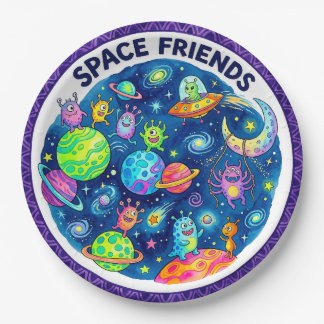 Assiettes en papier "Amis de l'espace" avec des al