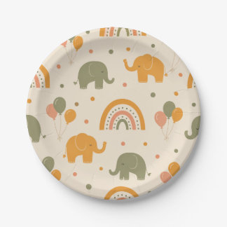 Assiettes en papier arc-en-ciel rétro éléphant gen