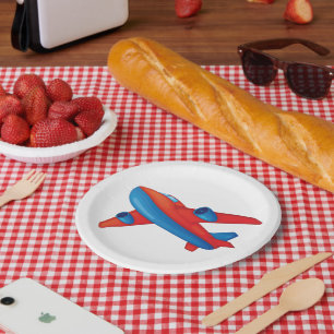 Assiettes en papier avion rouge et bleu