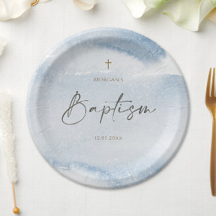 Assiettes en papier baptême garçon aquarelle bleue