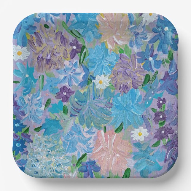 Assiettes en papier carrées 9" Blue Haze Floral (Recto)