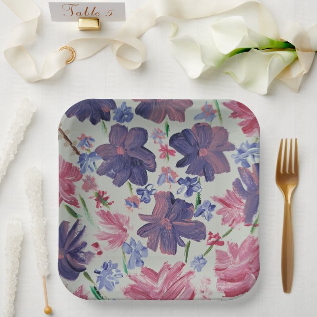 Assiettes en papier carrées de 9" Fleur de Rosier  (Mariage)
