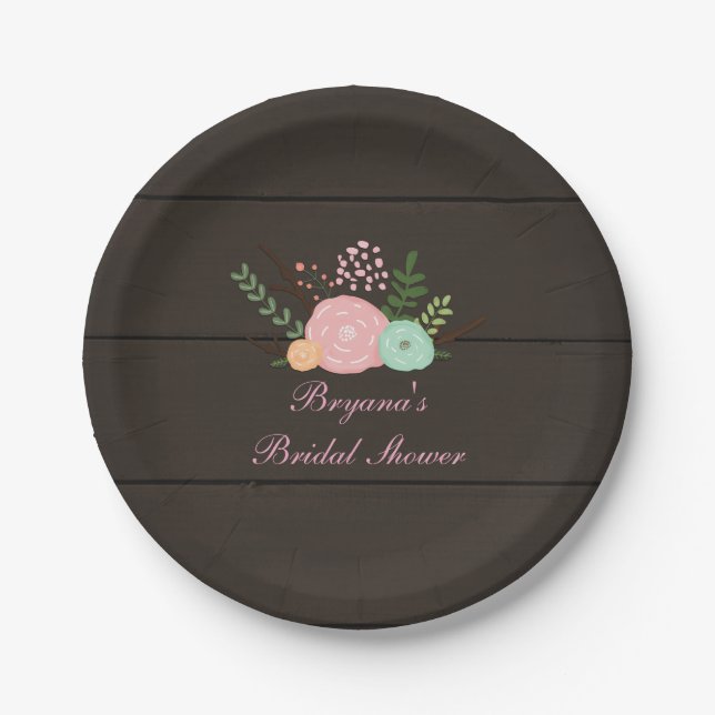Assiettes en papier Chic Bois foncé et fleurs rust (Devant)