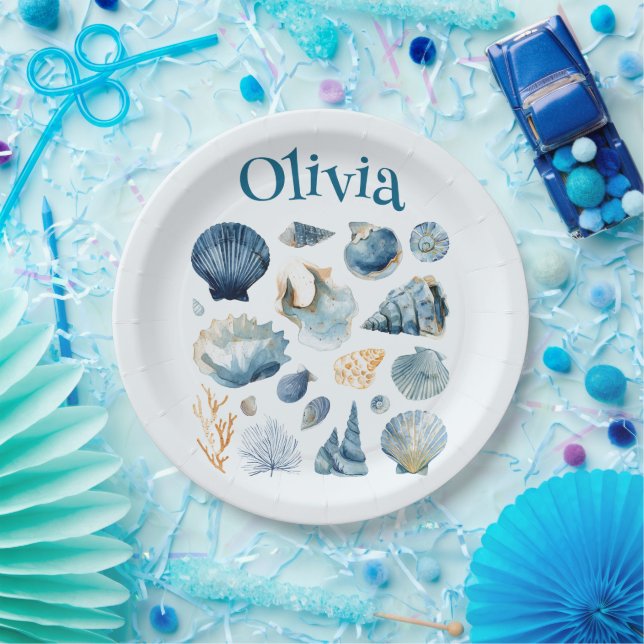 Assiettes en Papier Coquillage Bleu | Nom personna (Fête)