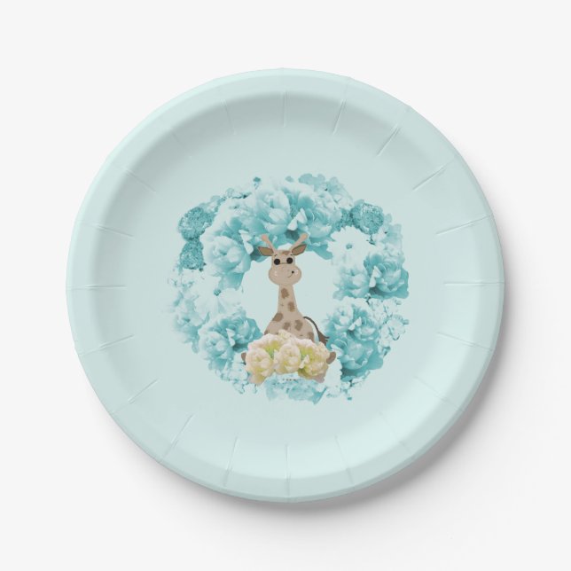 Assiettes en papier Couronne florale aqua Girafe (Devant)