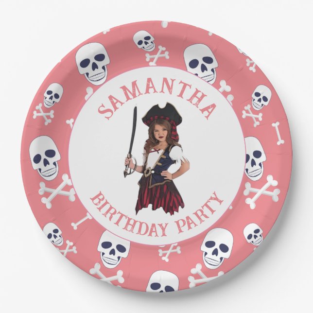 Assiettes en papier crânes de fille rose pirate (Devant)