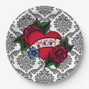 Assiettes en papier damassé noir et blanc vintage