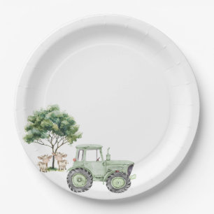 Assiettes en papier de ferme tracteur vert aquarel
