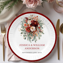 Assiettes en papier de mariage automnal bordeaux c