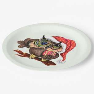 Assiettes en papier de Noël bébé hibou avec cadeau