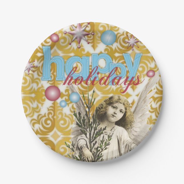 Assiettes en papier de Noël, Joyeuses Fêtes Ange (Devant)