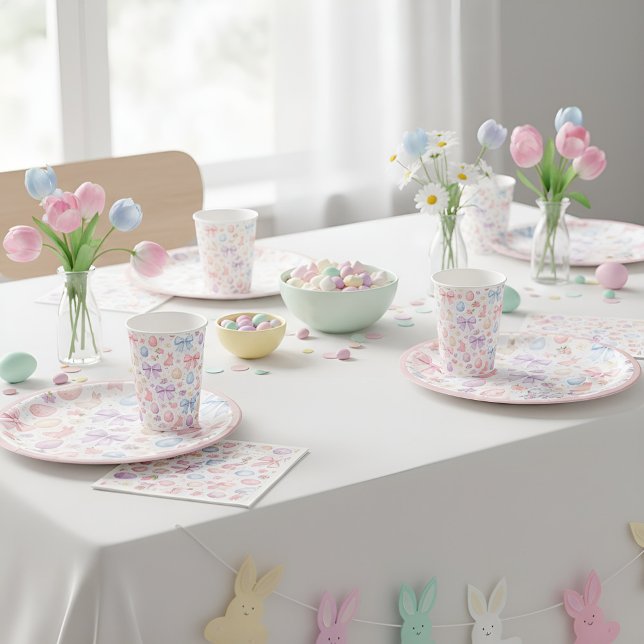 Assiettes en papier de Pâques Coquette Bunny & Rub (Whimsical watercolor bunnies & pink bows: a chic, coquette-inspired collection for a dreamy Easter.)