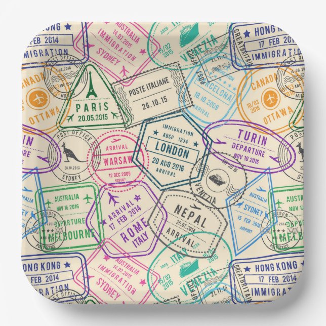 Assiettes en papier de voyage, fête de timbres de  (Recto)