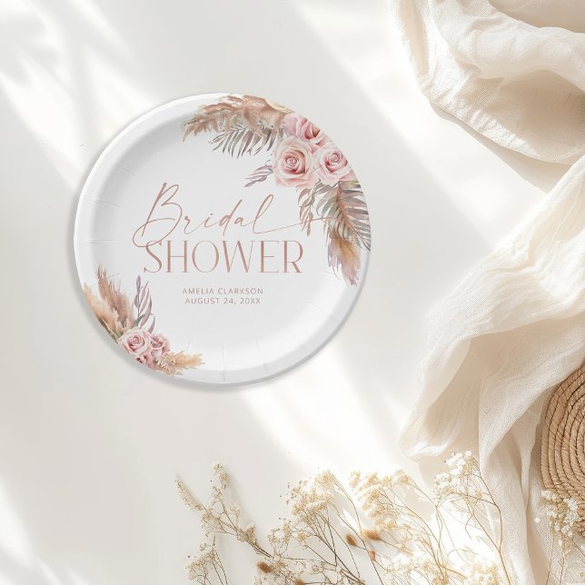 Assiettes en papier doré rose Pampas Floral Boho (Créateur téléchargé)