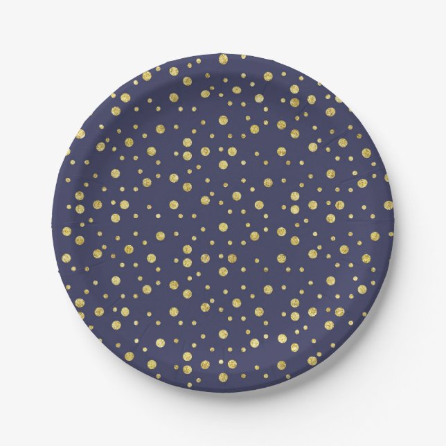 Assiettes en papier élégantes à pois dorés sur fon (Devant)