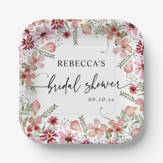 Assiettes en papier Fête de mariage Bohème Rose Fl (Recto)