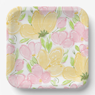 Assiettes en papier fleurs jaunes roses, fleurs bo